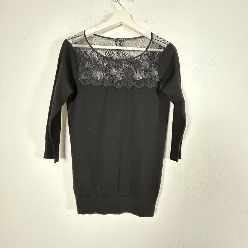 Club Monaco Womens Black Lace Insert Sweater Small Pullover 3/4 Sleeve Casual